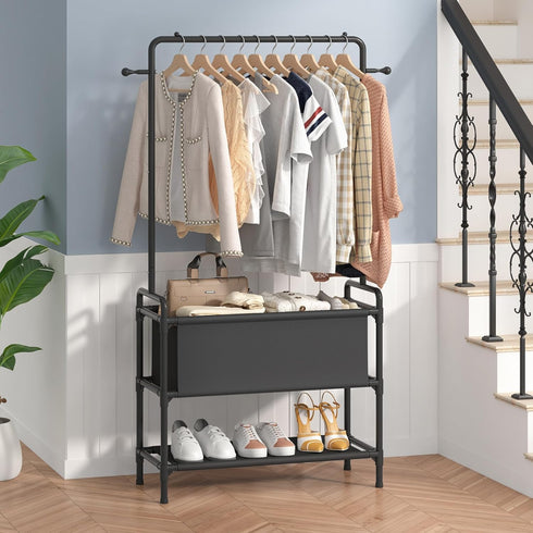 Calmootey Clothing Rack with Storage Bag, 3-in-1 Garment Rack for Bedroom, Hallway, Entryway, Black