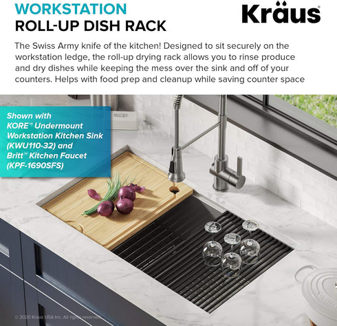 Kraus KRM-11YL Multipurpose Workstation Sink Roll-Up Dish Drying Rack, Colander and Trivet in Yellow