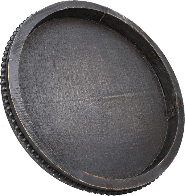 Hrastany Round Wooden Serving Tray with Beads, Circle Vintage Black Wood Coffe