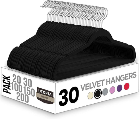 Utopia Home Velvet Hangers, 30 Pack, Non-Slip Suit Hangers with 360 Degree Rotatable Hook, Black
