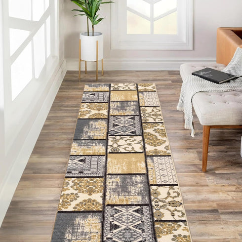 Custom Size Grey Ivory Fancy Patchwork Rubber Backed Non-Slip Hallway Stair Runner Rug, 22 inch Wide