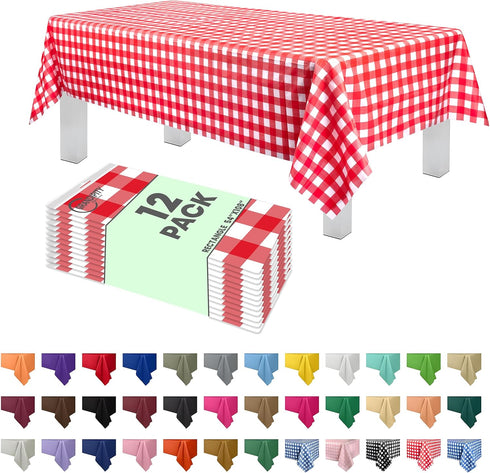 Grandipity 12 Pack Premium Disposable Plastic Picnic Tablecloth - 54" x 108" Red Checkered Gingham Table Cover