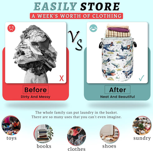 SELIONLIKN 18.9x16.5 Inch Watercolor Plane Laundry Basket Foldable Cartoon Laundry Hamper Oxford Cloth Plane Printed