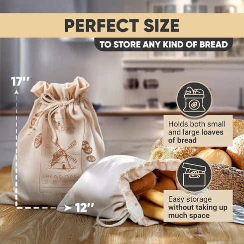 2 Pack Reusable Linen Bread Bags for Homemade Bread & Sourdough Bread with FoodGrade TPU Liner (BPA-Free), Cloth Bread