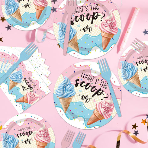 96PCS Set 24 Whats The Scoop Plates and Napkins Party Supplies Whats The Scoop Gender Reveal Decorations Ice Cream