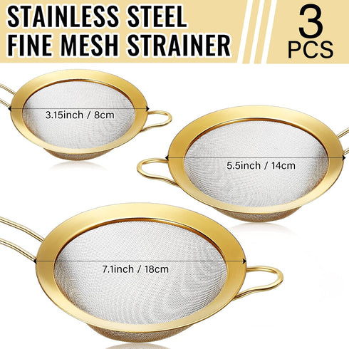 Norme 5 Quart Stainless Steel Gold Colander and 3 Pcs Gold Fine Mesh Strainer, Easy Clean and Dishwasher Safe
