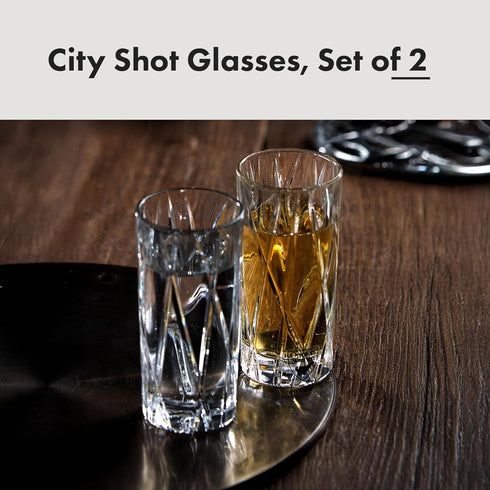 Orrefors City Shot Glasses – Set of 2 with Heavy Base, 1.7 Fl. Oz., Asymmetric Design for Spirits & Shots