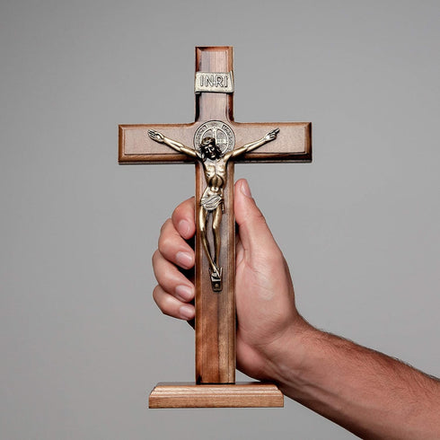 Intercession Wall and Table Wood Cross Crucifix, 10 inches in Antique Gold