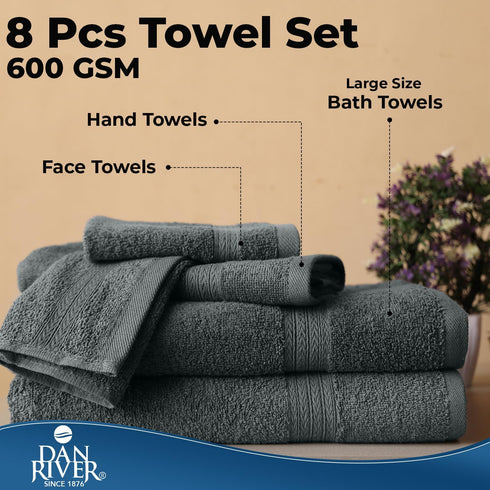 8 2 2 4 600 100% Set, DAN RIVER PC Luxury Bath Towels for Bathroom, Bath, Hand, and Wash Cloths, GSM Ring Spun Cotton