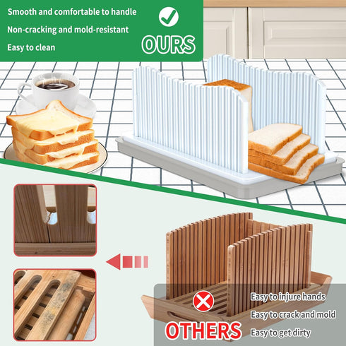 CAWIU Bread Slicer for Homemade Bread, Foldable Bread Cutter with Crumb Tray, Adjustable Width Bread Slicing Guide