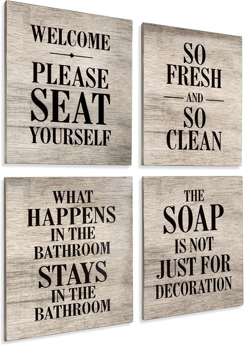 EXCELLO GLOBAL PRODUCTS Wooden Bathroom Humor Signs, Decor for Home or Business, Pack of 4