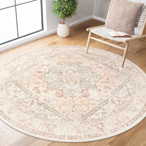 LIVEBOX Washable Peachy Pink Rug 5ft - Medallion Vintage Circle Rugs for