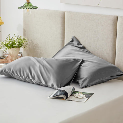 Love's cabin Satin Pillowcase Set of 2 for Hair and Skin, Queen Size 20x30 Inches, Dark Grey Satin Cooling Cover