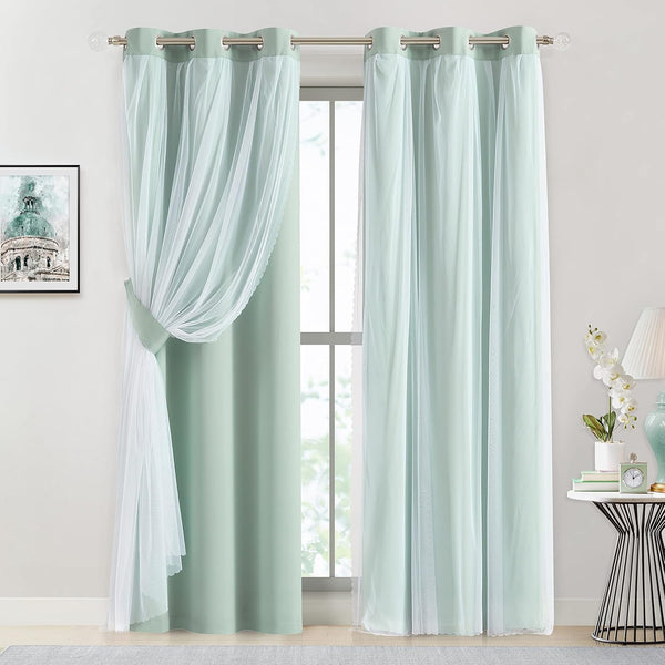 Bujasso Aqua 80% Blackout Curtains with Sheer Overlay Mix and Match Double