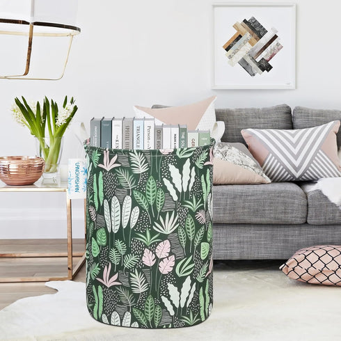 LANGYASHAN Laundry Basket - Canvas Fabric Collapsible Organizer for Storage Bin, Toy Bins, Gift Baskets (Round Leaf)