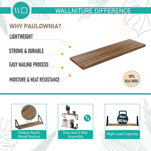 Wallniture Ponza Floating Shelves Set of 4, Wall Mounted Rustic Wood Board with Metal Bracket