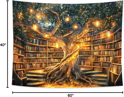 Xguatan 60X40IN Fantasy Library Tapestry, Mysterious Forest Tree Magic Bookshelf Aesthetic Tapestries , Witchy