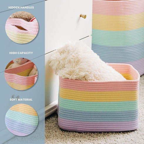 Set 3 15x9x10 OrganiHaus of Pastel Rainbow Baskets - Colorful Woven Storage Baskets for Playroom, Nursery & Classroom