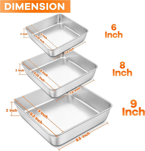 TeamFar Square Cake Pan, 6/8 / 9 Inch Stainless Steel Square Baking Pan for Cake Brownie Lasagna, Non-Toxic & Heavy Duty, One Piece Design & Deep Wall, Smooth & Dishwasher Safe – Set of 3 by TeamFar