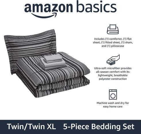 5-Piece Set Amazon Basics Lightweight Microfiber Comforter with Sheets, Bed-in-a-Bag, Gray Calvin Striped Bedding