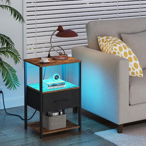 TUTOTAK LED Nightstand, Night Stand with Charging Station, End Table, Bedside Table