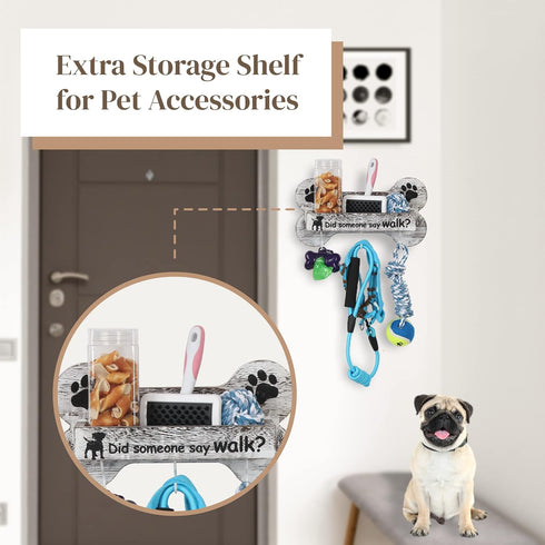 J JACKCUBE DESIGN Rustic White Bone Shape Wall Mounted Dog Leash Holder - 3 Key Holder Hooks and Extra Storage Box
