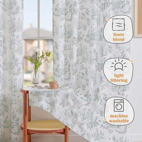 96 Inches Country 2 Vangao Sage Green Nursery Curtains for Kids Room Linen Curtains Long Farmhouse Drapes with Bunny