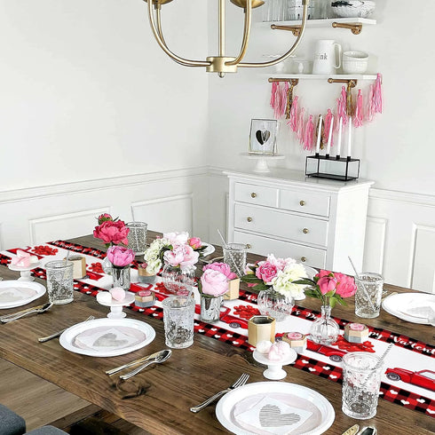 Valentine Table Runner, Red Black Buffalo Plaid Dresser Scarves with Heart Shape Balloon for Holiday Decor, 13x90inch