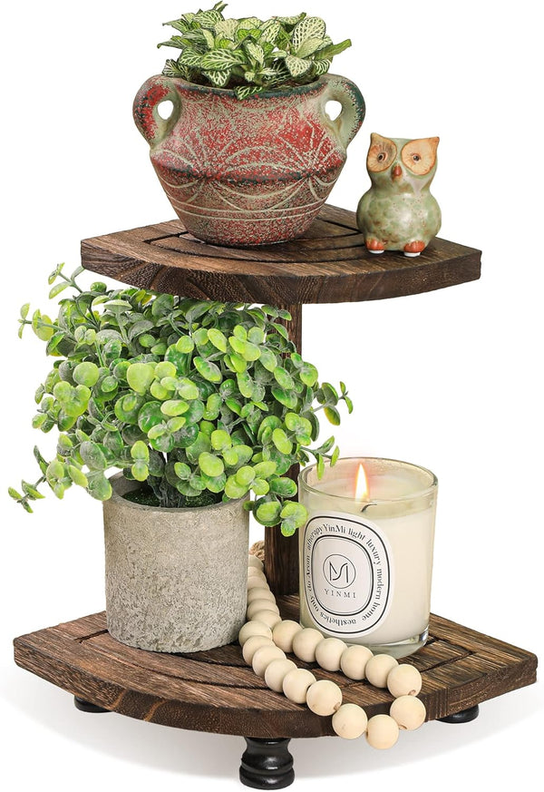 Tikea Decorative Wood Riser for Display, 2-Tier Rustic Corner Shelf for Kitchen Bathroom Counter Decor, Brown Pedestal