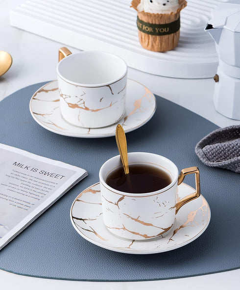 4- 7OZ -TCS26 4) Jusalpha Serve of Hand Printed Golden Matte Ceramic Marble Tea Coffee/Tea Cups with Spoons and Cup