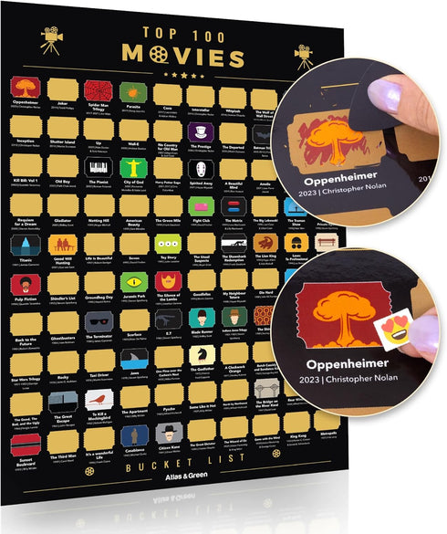 Atlas & Green Top 100 Movies Poster, Scratch Off Movie Poster with 2024 Blockbusters, Bonus Accessories