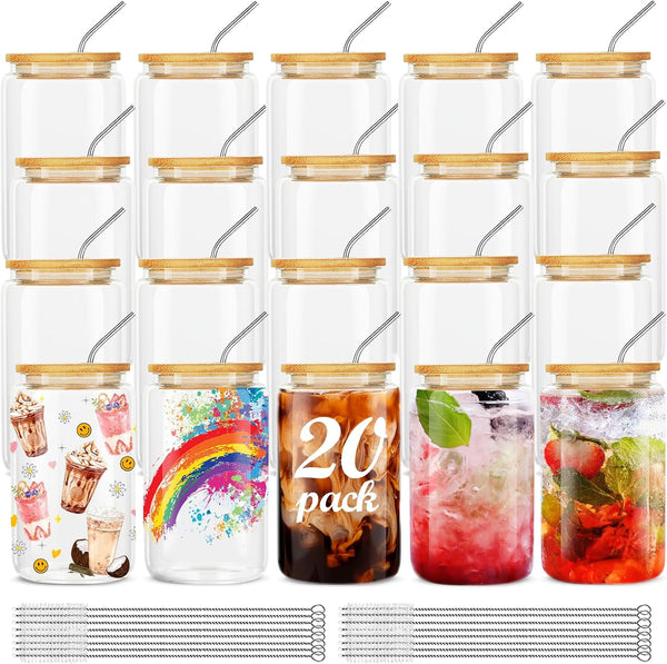 ASKIZ 20Pcs Glass Cups With Bamboo Lids and Straws,16Oz Ice Coffee Cup,Drinking