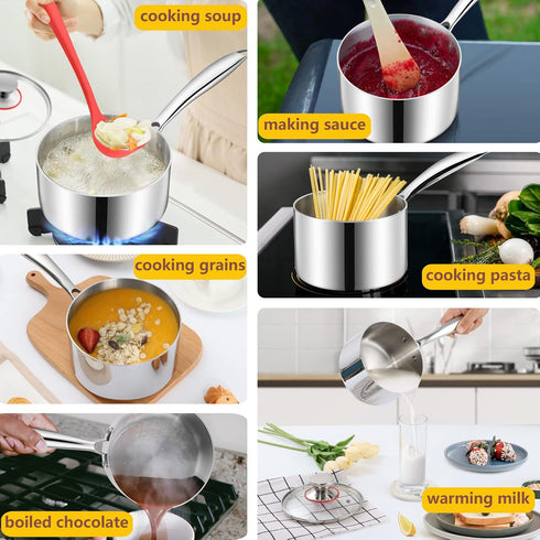LIANYU 1QT Tri-Ply Stainless Steel Saucepan with Lid, Small Cooking Pot for Pasta, Soup