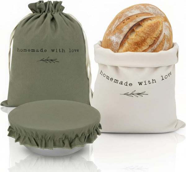KIBAGA Beautiful Linen Bread Bag Set and Proofing Cover For Homemade Sourdough