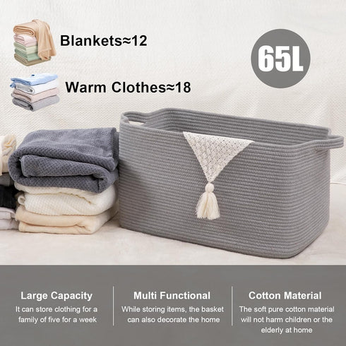 65L (19.7"x15.7"x11.8") Cotton Rope Large Blanket Basket for Living Room, Kids Room & Laundry, Storage Basket