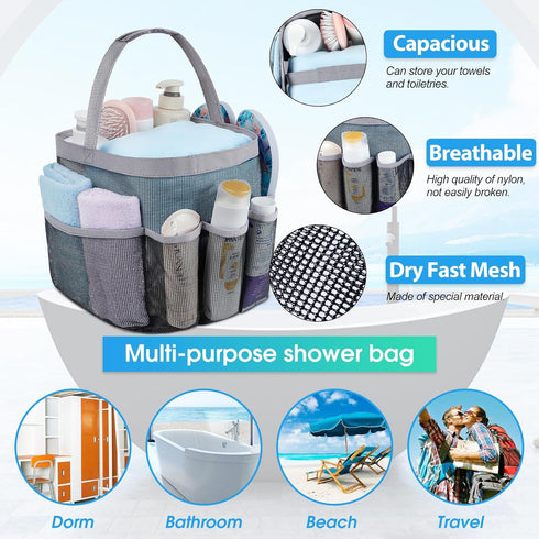 Attmu Portable Mesh Shower Caddy with 8 Pockets for College Dorm Room Essentials, Quick Dry Shower Bag for Bathroom