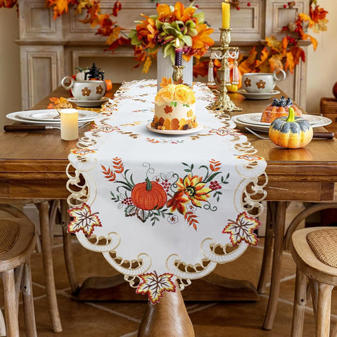 Jovialix Thanksgiving Fall Table Runner 90 Inches Long - Ivory Cutwork Lace with