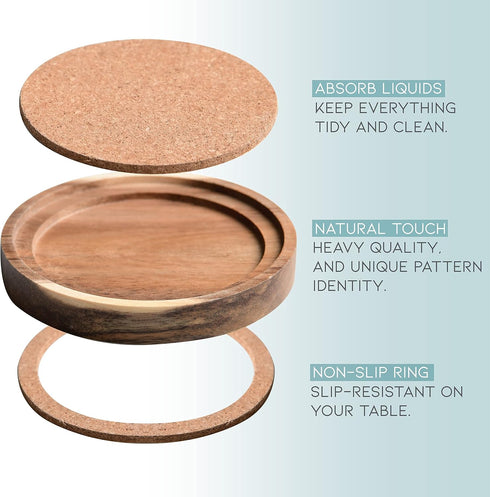 4.13 Inch, Set 6, S1EGAN Acacia Wood Coasters for Drinks, of Absorbent and Insulation Cork Stackable Cup Holders
