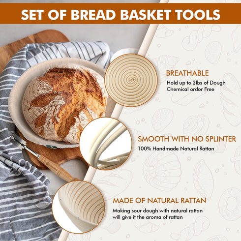 2 9 Inch 24 Oz Sourdough Bread Baking Supplies, Sourdough Starter Kit, Round Banneton Bread Proofing Basket with Glass