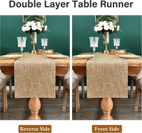13x60 Inch Farmhouse Rustic Faux Linen Table Runner Neutral Coffee Table Runners Double Layer Reversible Rectangle