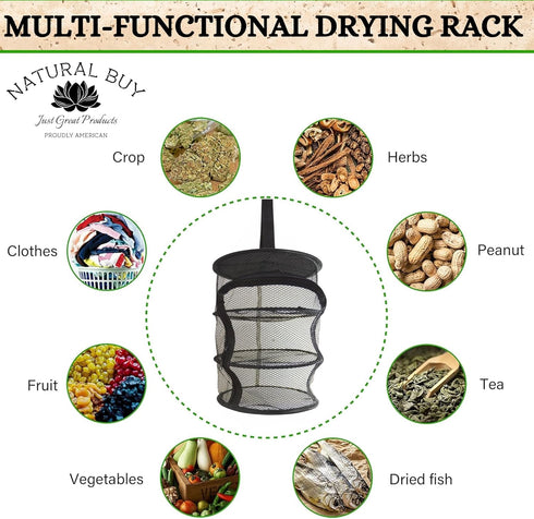 9 Inch 3 Level MICRO Hanging Dry Net, Indoor/Closet Drying Rack for Herbs, Black Mash Screen with Zipper