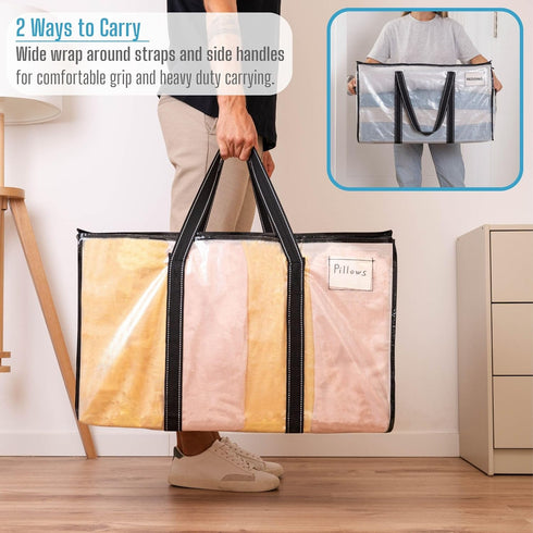 VENO 2 Pack Moving Bags, Heavy Duty Totes with Lids, Extra Large Packing Storage Boxes, Sturdy Handles, Zipper (Clear