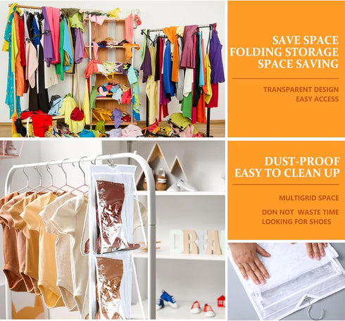 16 Large Clear Pockets Fabric Dual Sided Hanging Shoe Rack for Closet, Rotating Hanger Boot Organizer for Men's and