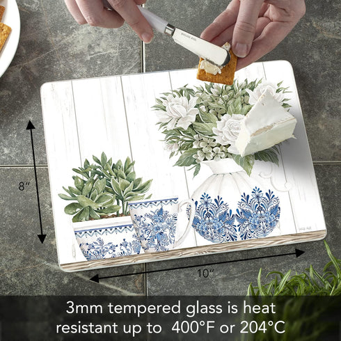 CounterArt Pottery In Blue & White Decorative Tempered Glass Cutting Board, 10" x 8", Dishwasher Safe