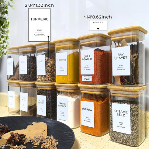Kuocodall 12 201 8oz Pcs Glass Spice Jars with Bamboo Airtight Lids & Labels - Square Small Empty Food Storage