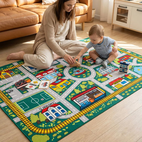 Plyra (3x5 Kids Car Road Rug Ft), Non-Slip City Traffic Play Mat for Toy Cars, Train Track Carpet for Kids Room