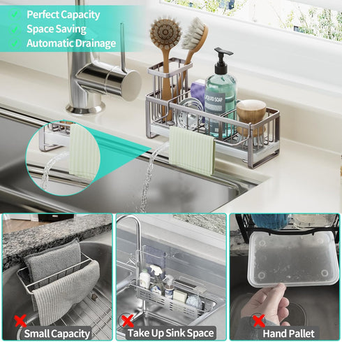Countertop HapiRm Sponge Holder for Kitchen Sink - Self-draining Sink Caddy with Brush Holder and Dishcloth Holder