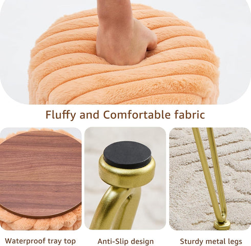 Wimarsbon Vanity Stool with Storage, Faux Fur Ottoman Chair with Metal Legs, Round Makeup Vanity Chair for Bedroom