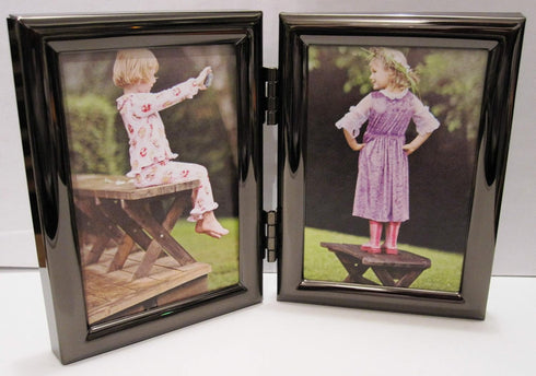 EXP Black Hinged Double Metal Picture Frame, 2.5x3.5, Tabletop or Wall Hang