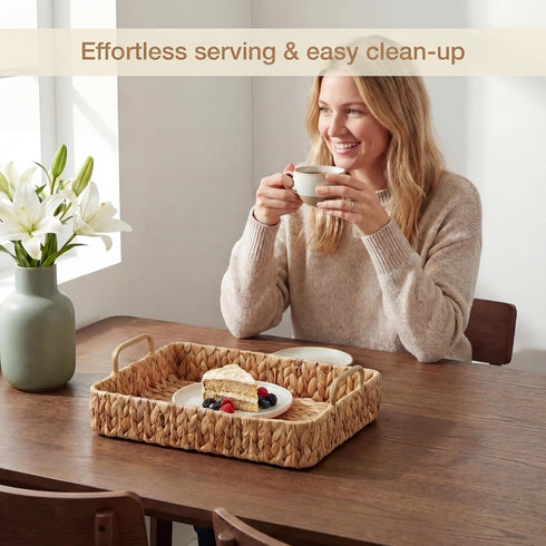 Set 2 of Rectangular Wicker Trays with Handles - Decorative Trays for Coffee Table, Ottoman, Dining Room, Living Room